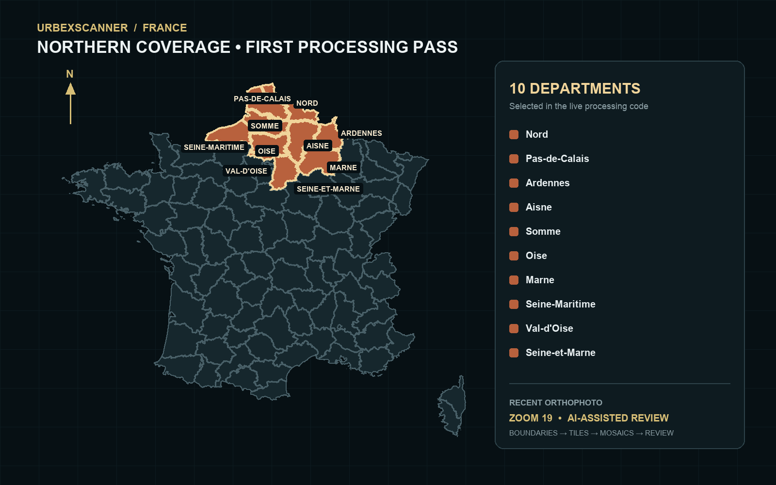 UrbexScanner northern France processing coverage map