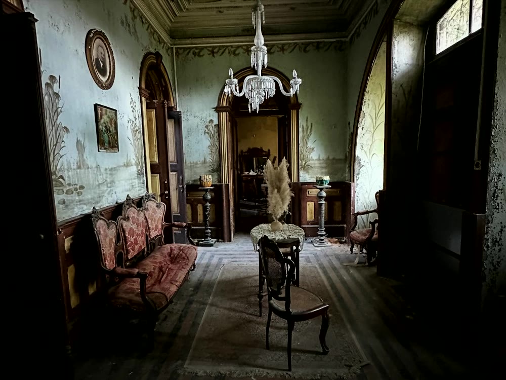 Portugal chateau interior with old furniture and architectural details.